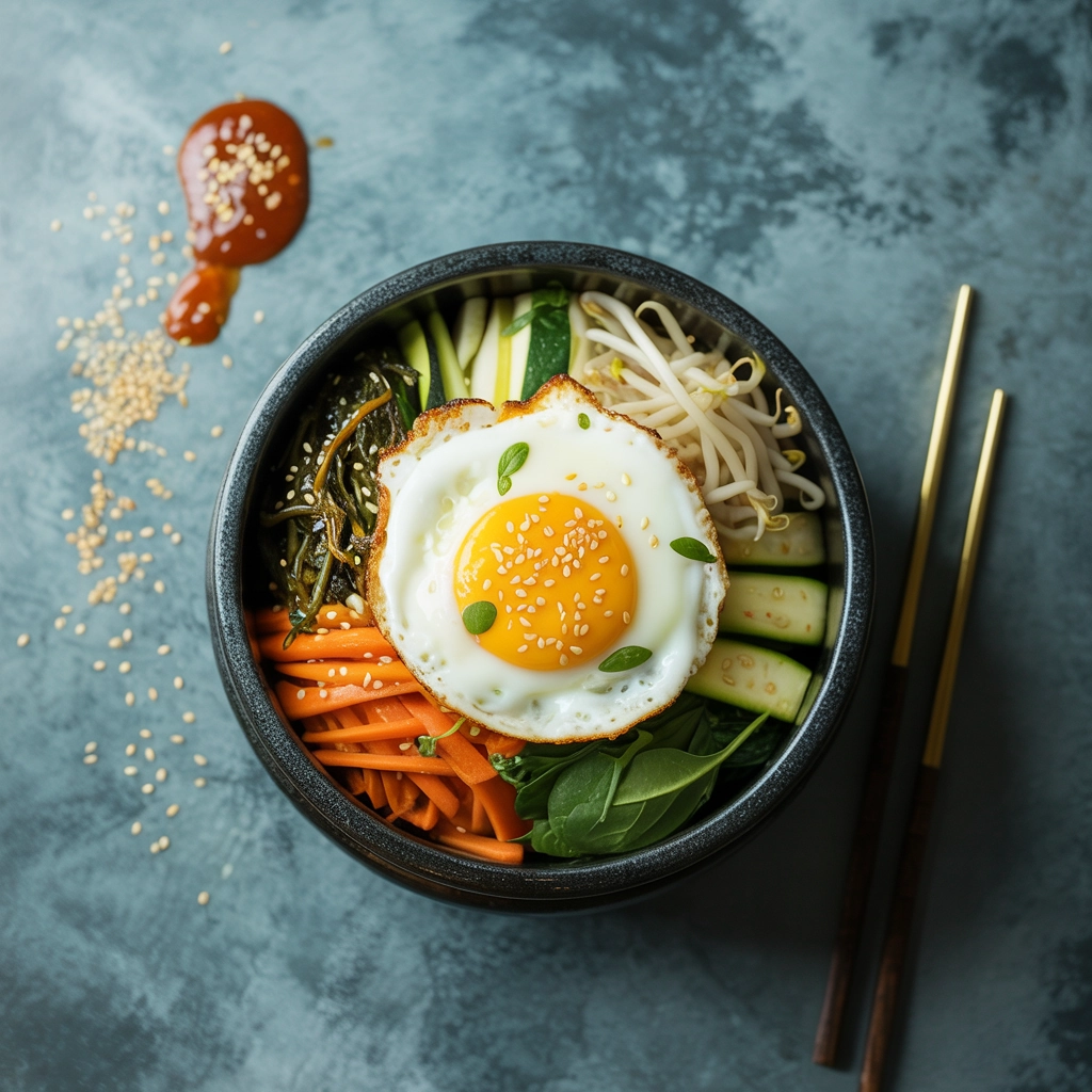 Bibimbap: Koreanische Reisschale mit Gemüse und Ei