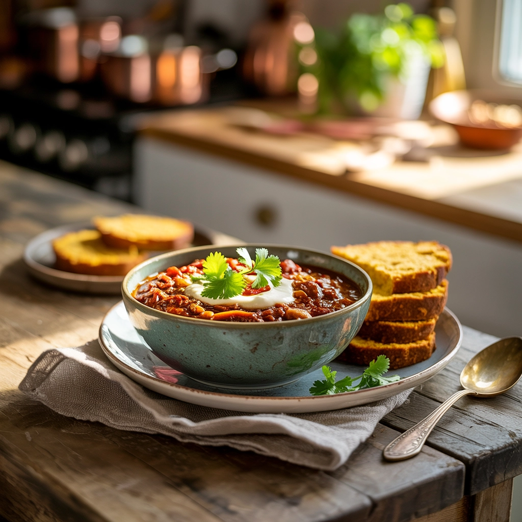 Veganes Chili sin Carne mit Maisbrot