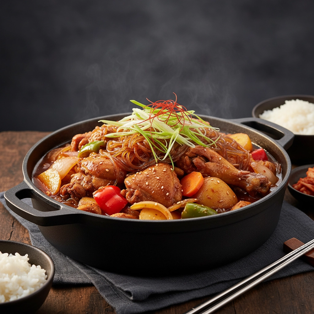 Andong Jjimdak – Koreanischer Hähnchen-Schmortopf mit Gemüse