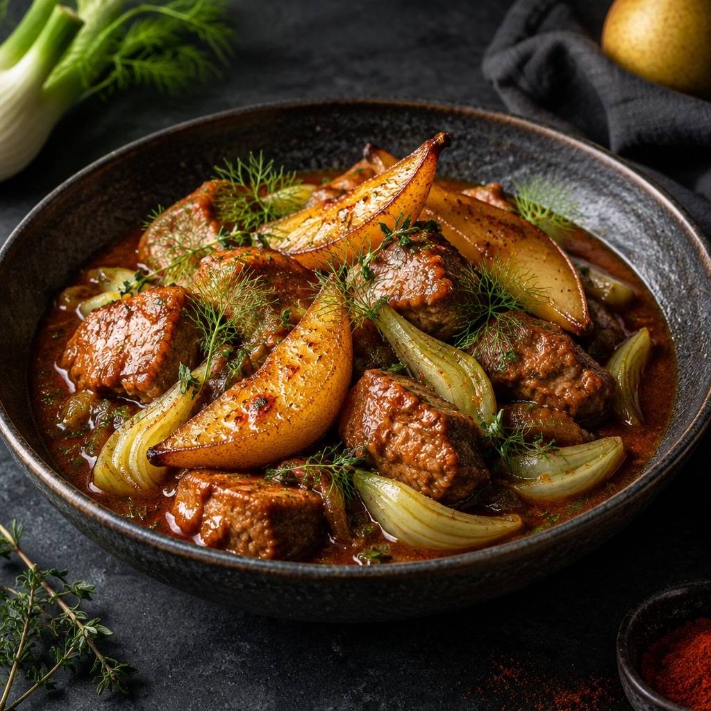 Fenchel-Gulasch mit karamellisierten Birnen – Herbstanbrennen einfach & KI-lecker