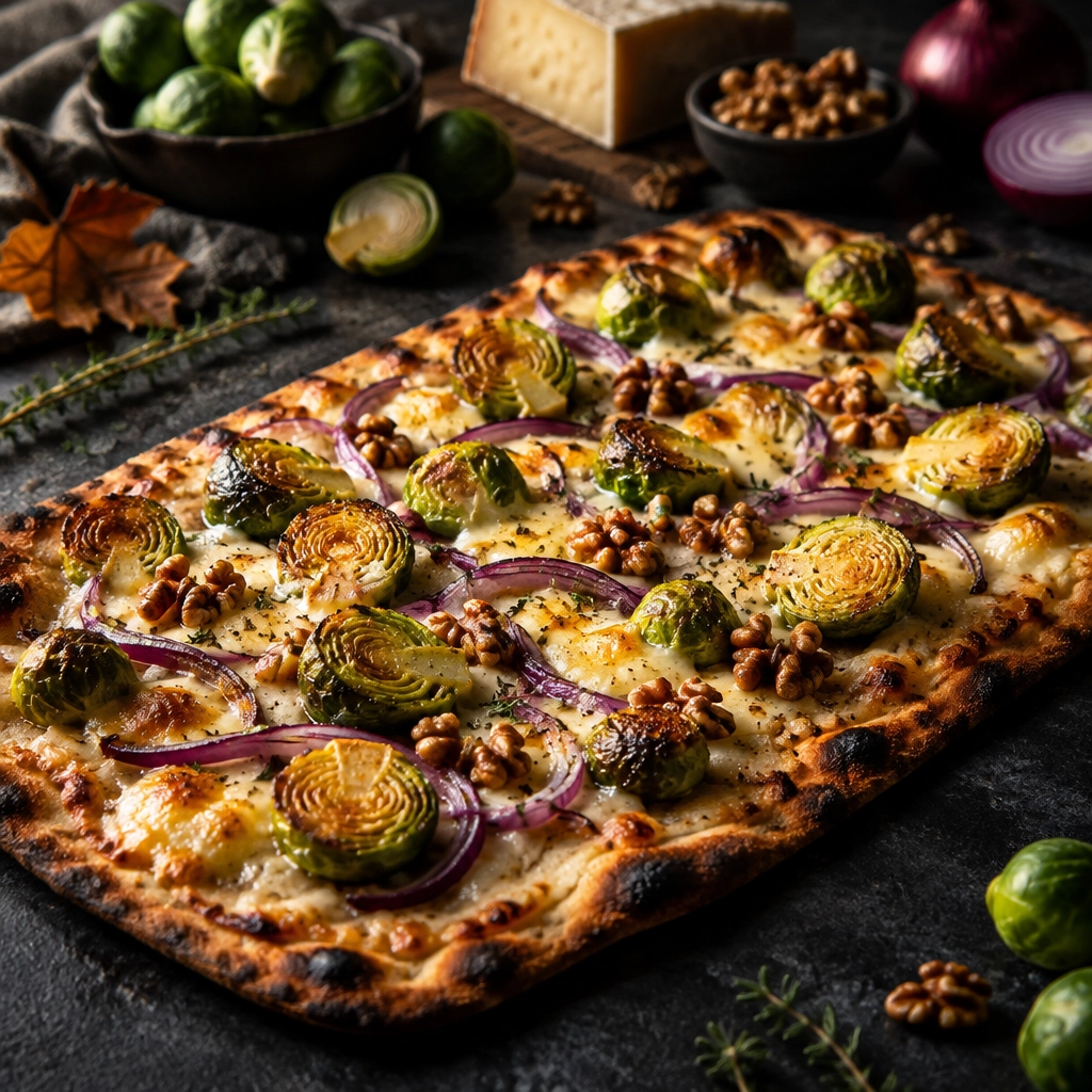 Rosenkohl-Flammkuchen mit Walnüssen und Bergkäse – Herbstlich, einfach & lecker