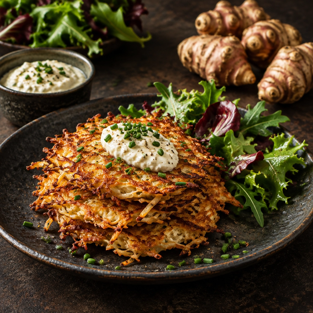 Topinambur-Rösti mit Meerrettich-Dip – Herbstgemüse einfach & KI-lecker